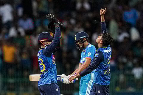 Dunith Wellalage celebrates the wicket of India's Shubman Gill